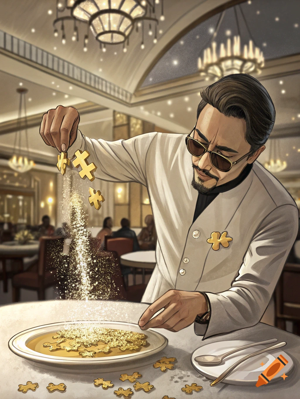 Illustration of a man dropping golden puzzle pieces and sparkles onto a plate in a fancy restaurant.