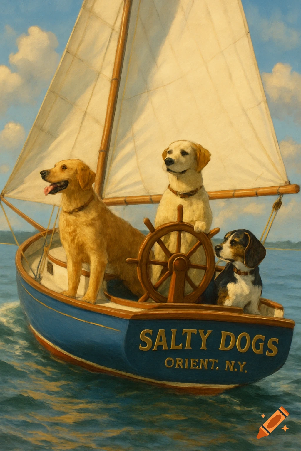 Painting of three dogs sailing on a boat named 'Salty Dogs' near Orient, NY