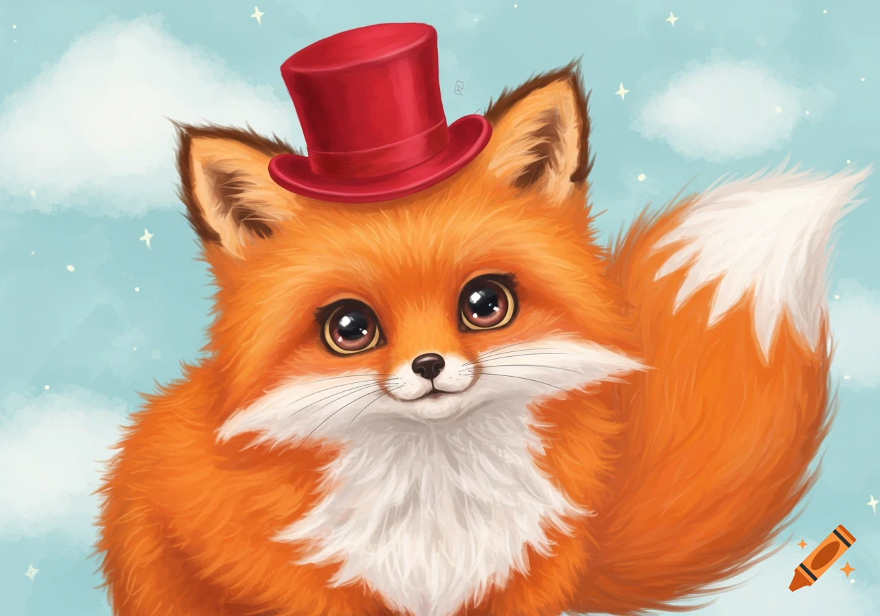 A cute, fluffy orange fox wearing a red top hat, looking directly at the viewer. The background is a light blue sky with clouds and stars.