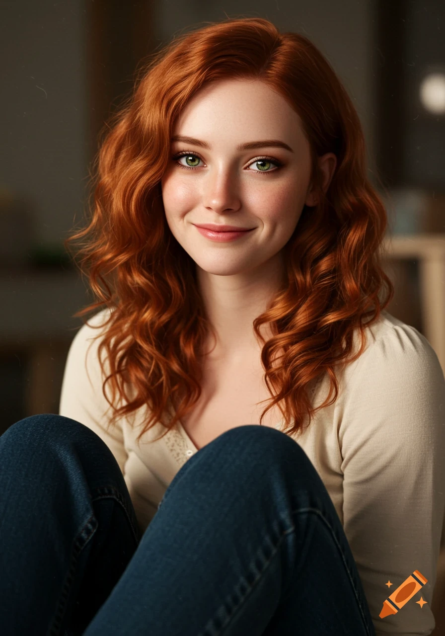 A close-up, realistic portrait of a smiling woman with long red hair and green eyes.
