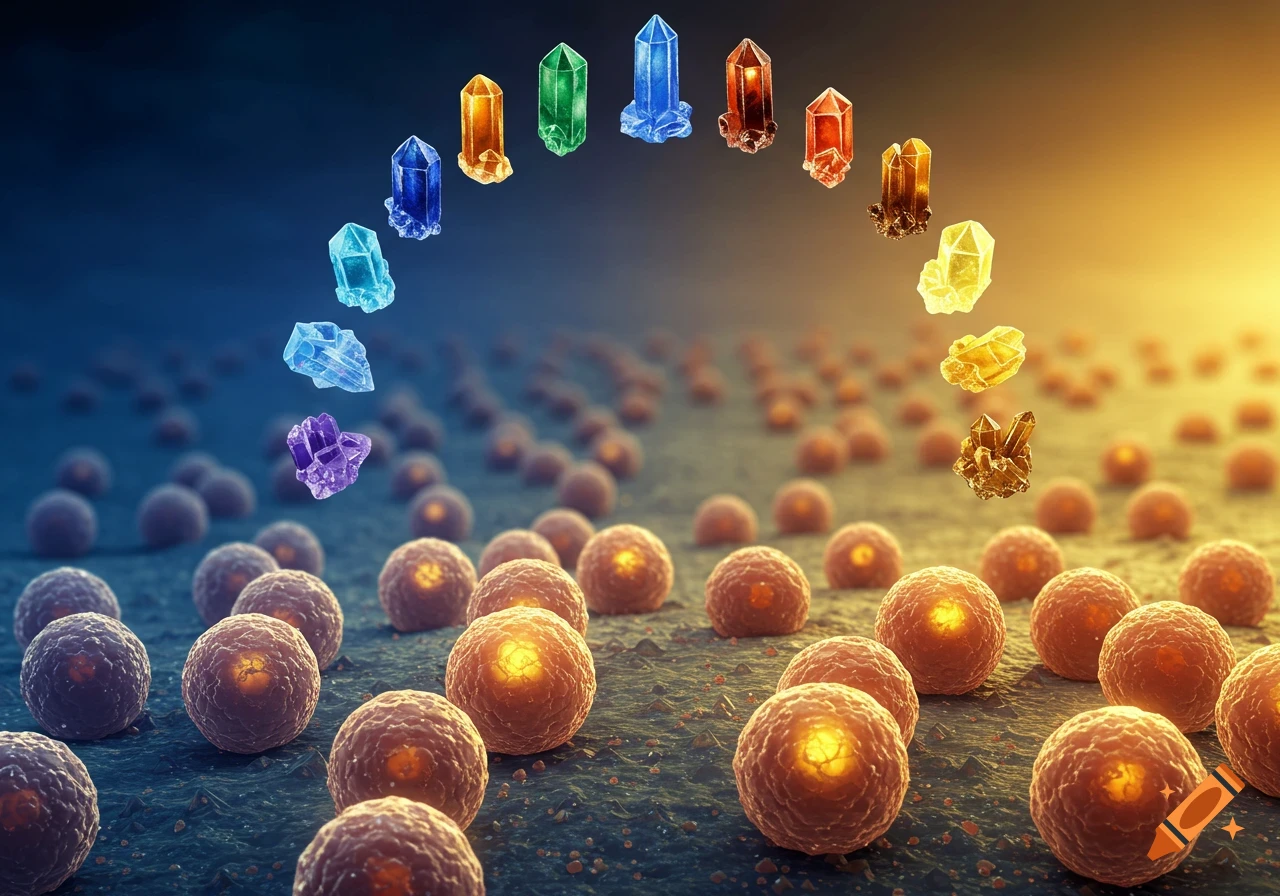 Macro view of glowing cells on a surface with colorful mineral crystals forming an arc above them.