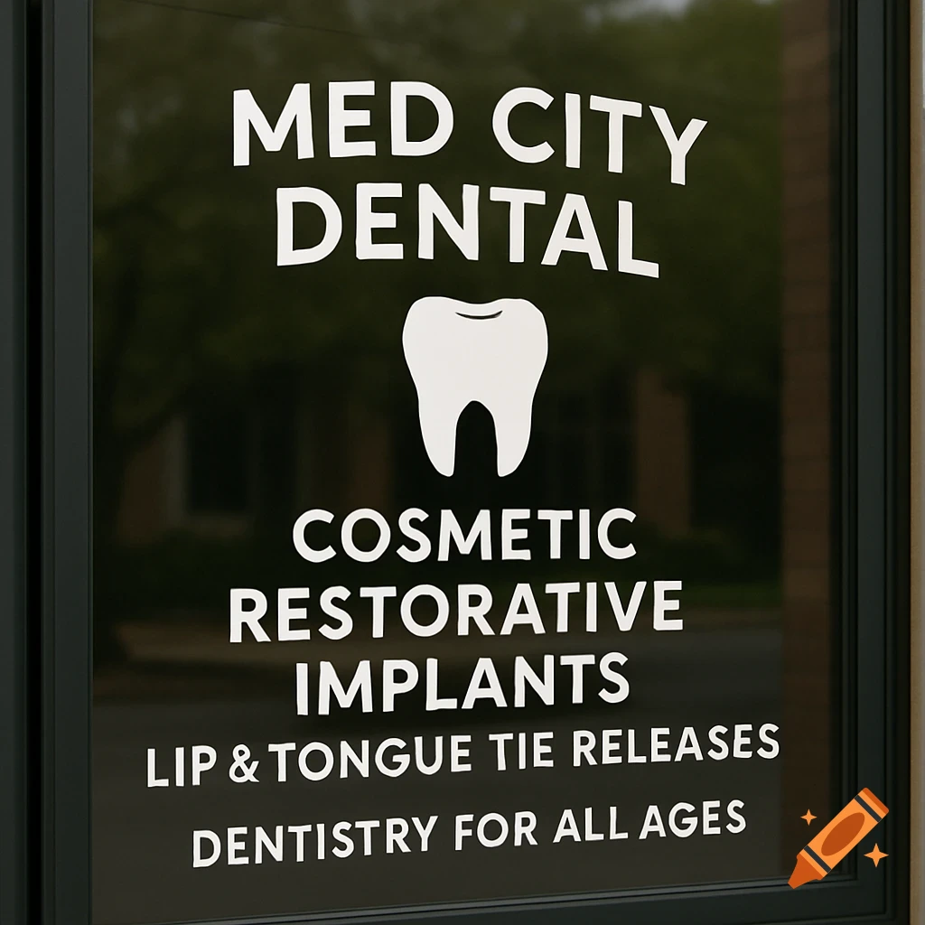 Window graphic for Med City Dental listing services.