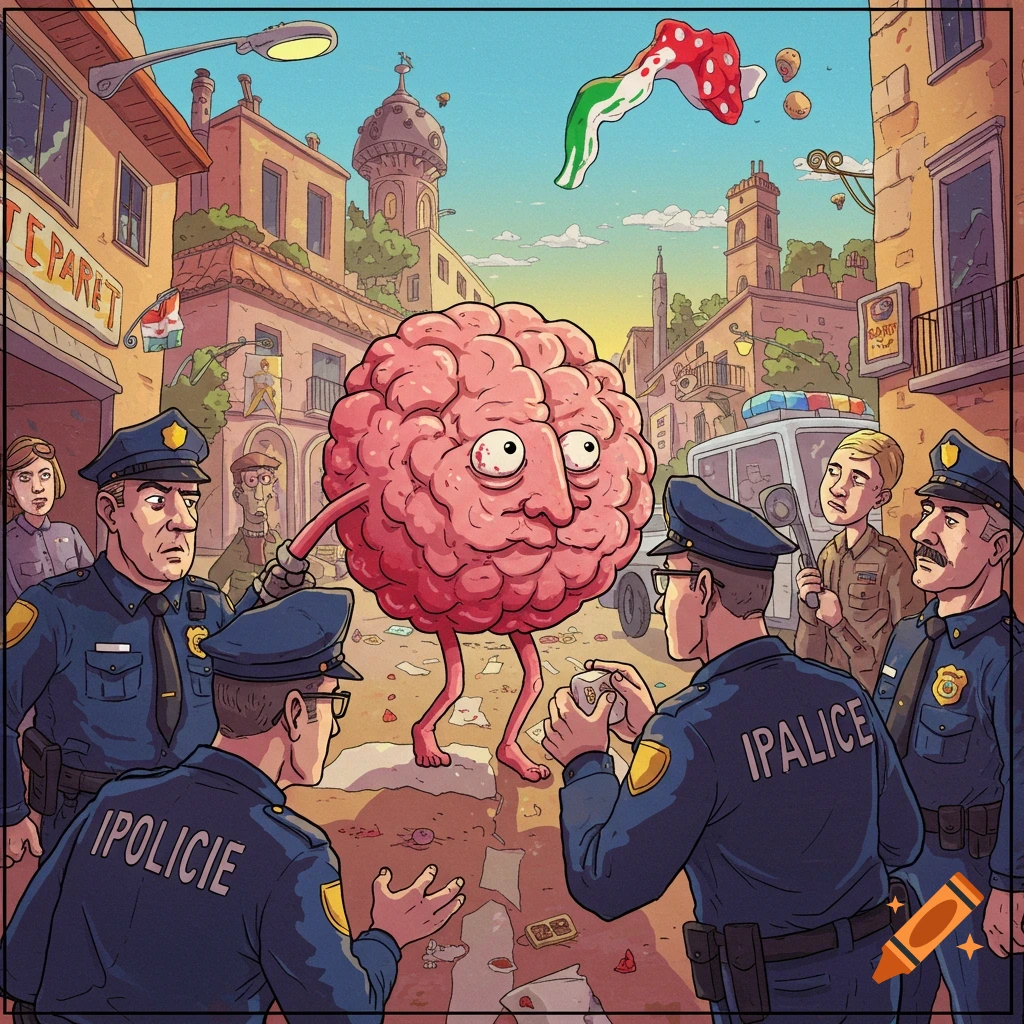A cartoon brain with arms and legs is being arrested by police officers in a city street, comic book style.