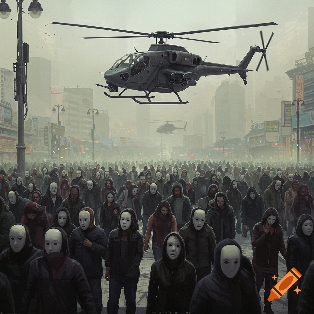 A large crowd of people wearing white masks fills a street as helicopters hover above an urban landscape.