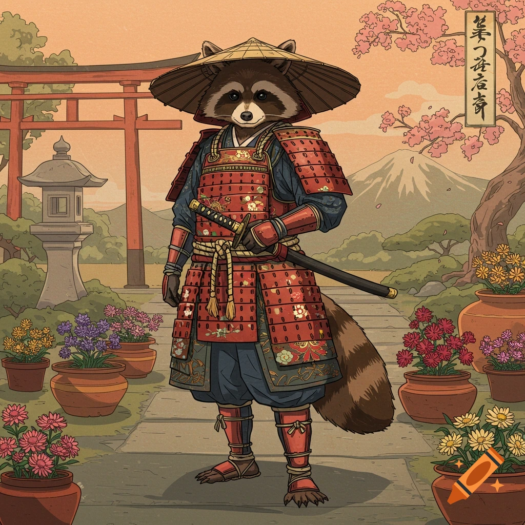Illustration of a raccoon samurai in red armor and conical hat standing in a Japanese garden with Mount Fuji
