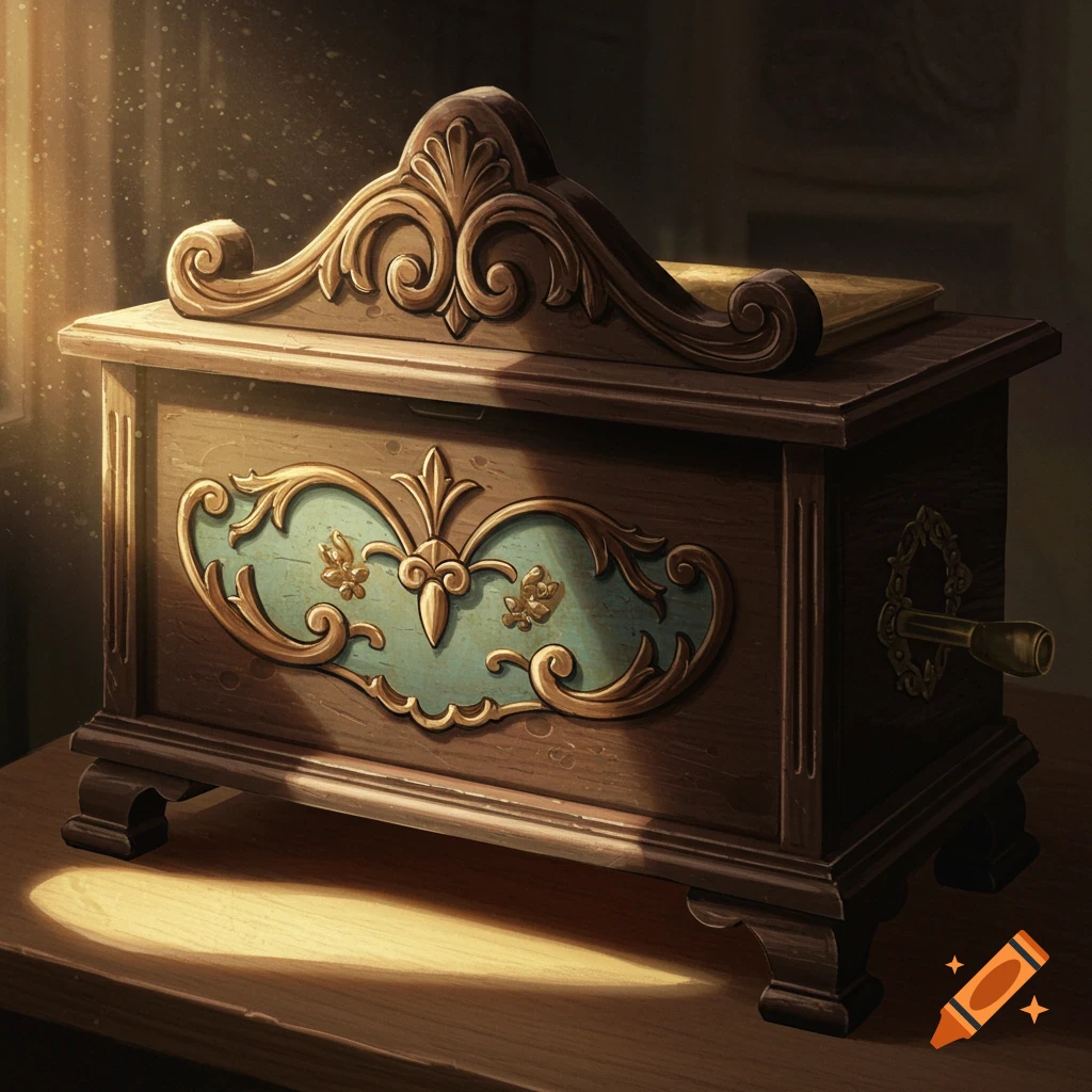 Ornate wooden music box in warm light