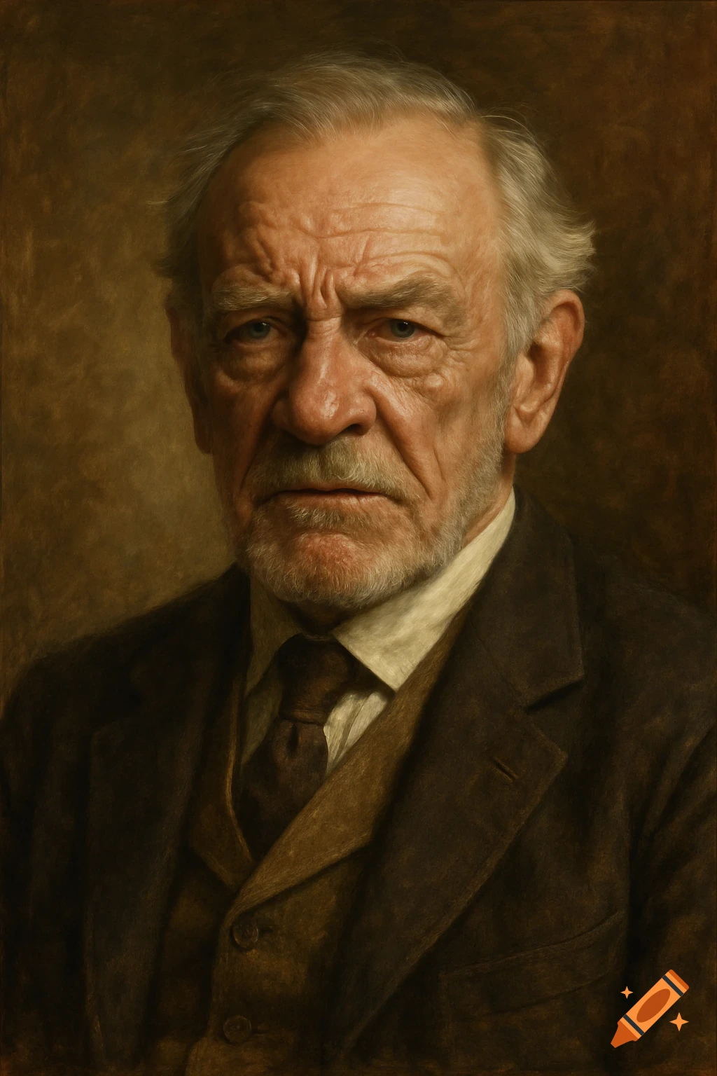 A detailed painted portrait of an older man with a stern expression ...