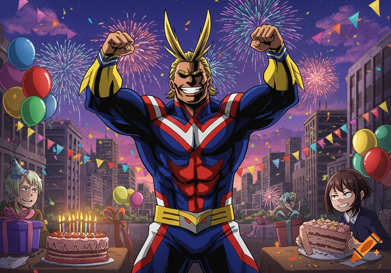 All Might flexes at a birthday party with friends, cakes, balloons, and fireworks, anime style.