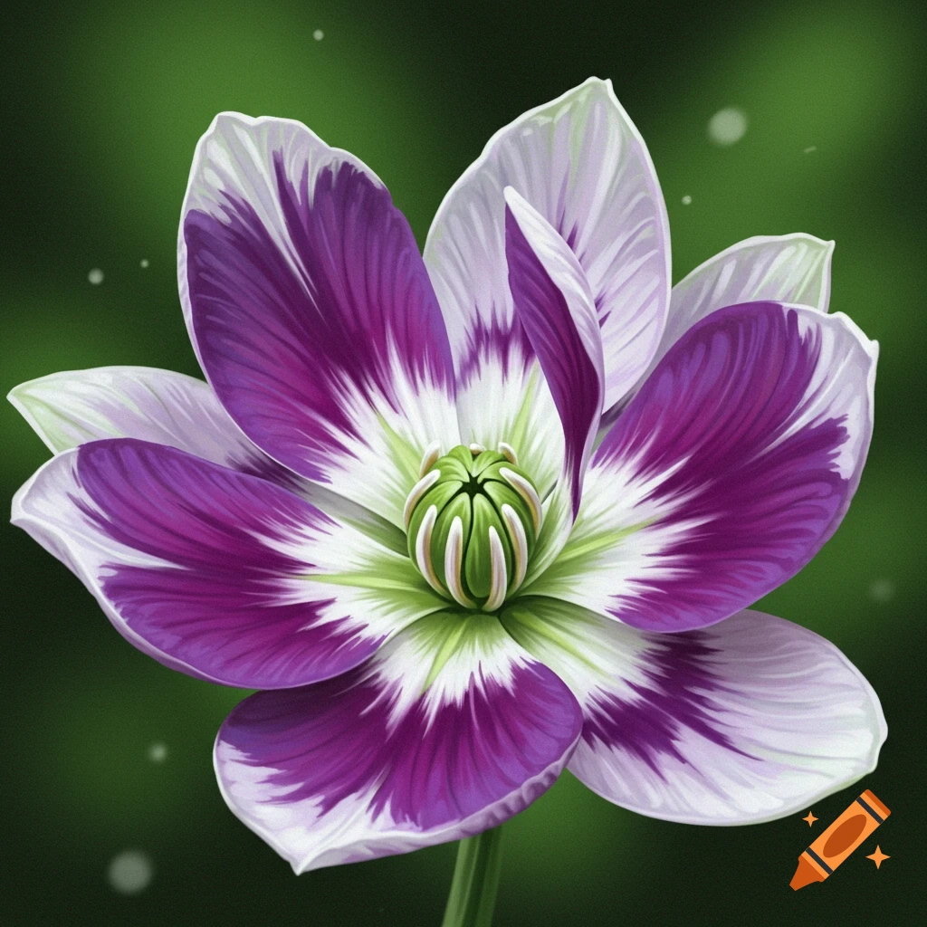 Close-up of a flower with purple, white, and green petals