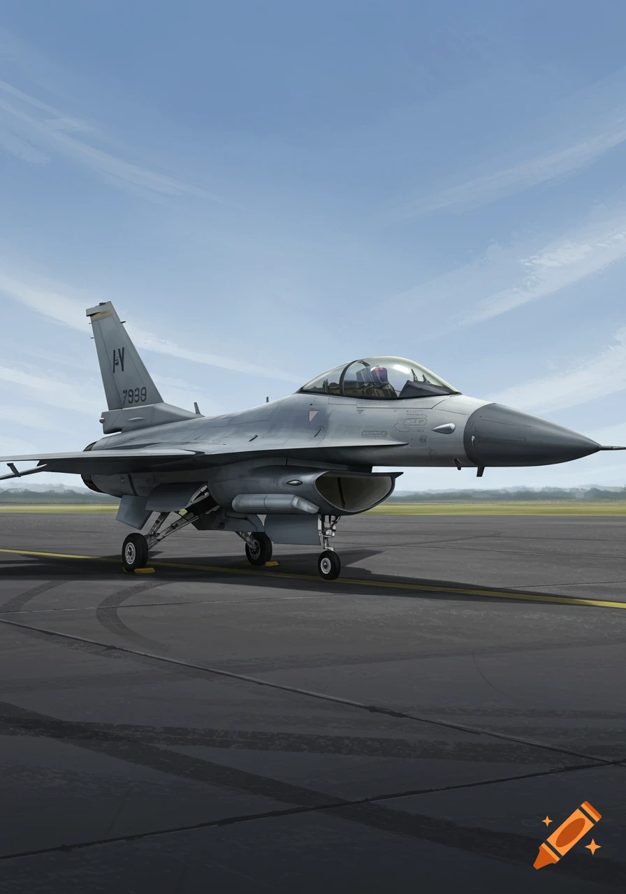 A realistic illustration of an F-16 fighter jet on a tarmac