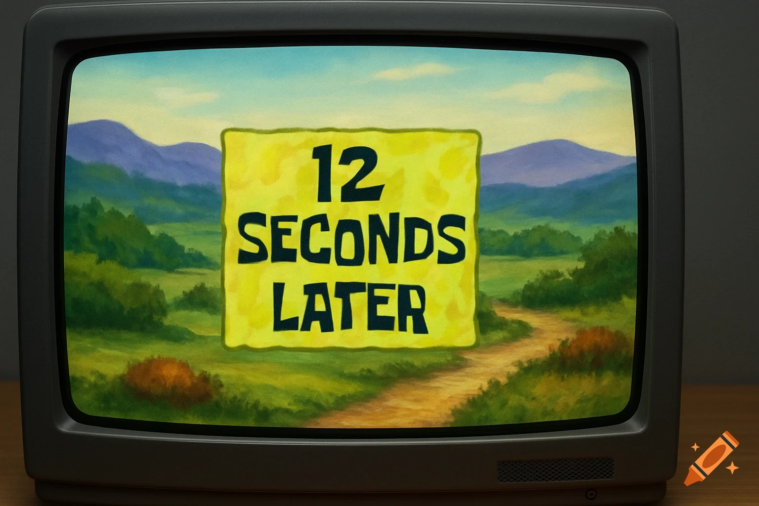 Old CRT television displays a cartoon landscape with a yellow card reading '12 SECONDS LATER'.