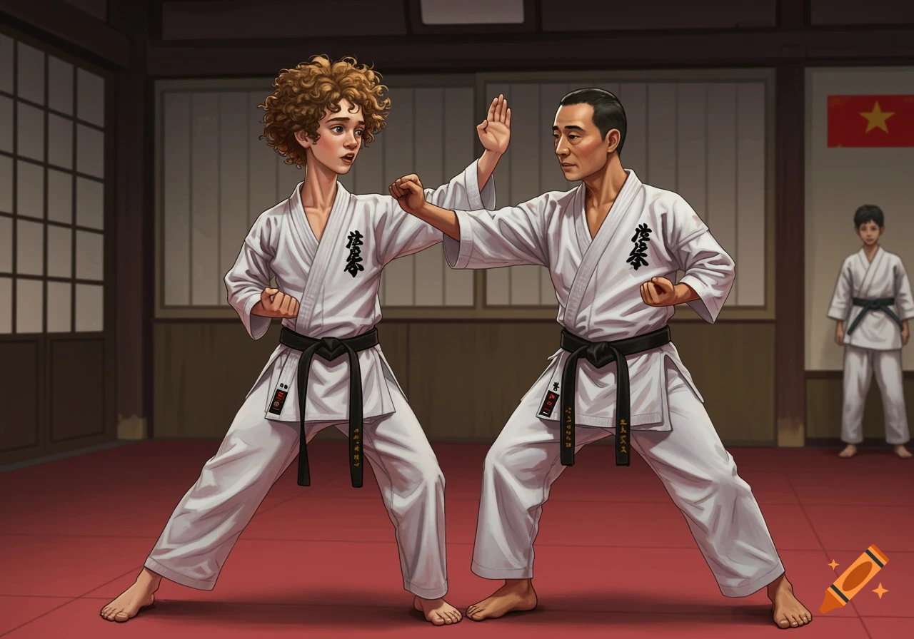 Two people, an instructor and a student, practice karate in a dojo. An illustrative style.