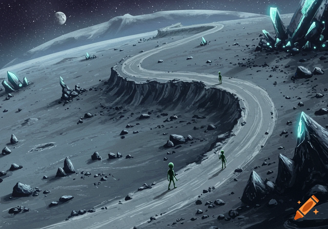 Green aliens walk on a curved road across a grey lunar landscape with glowing crystals under a starry sky.