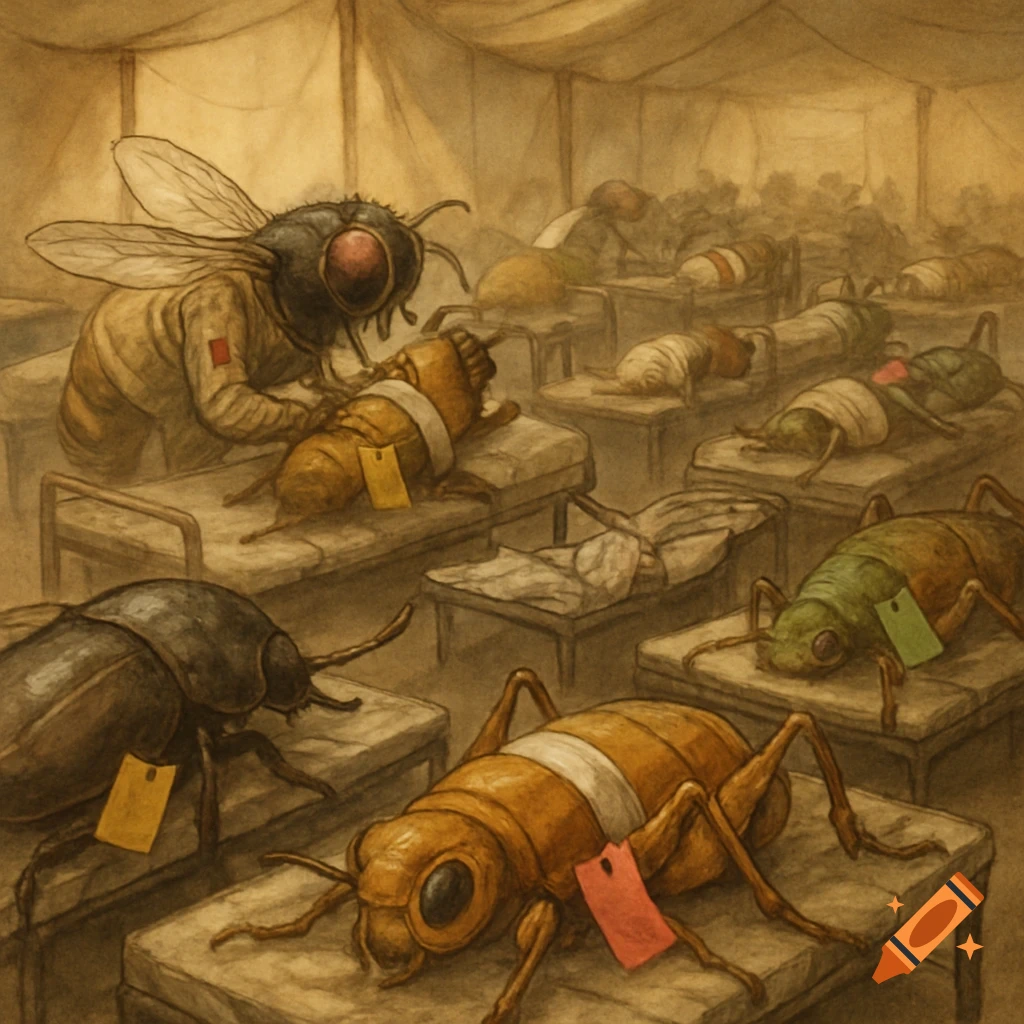 A drawing depicts anthropomorphic insects as injured soldiers in a WWI triage ward.