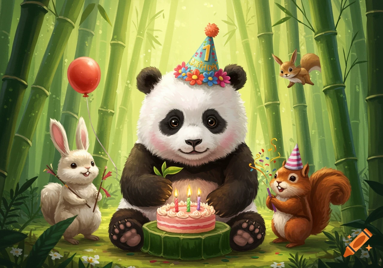 A cute panda wears a party hat and sits with a birthday cake, flanked by a rabbit and squirrel in a bamboo forest.
