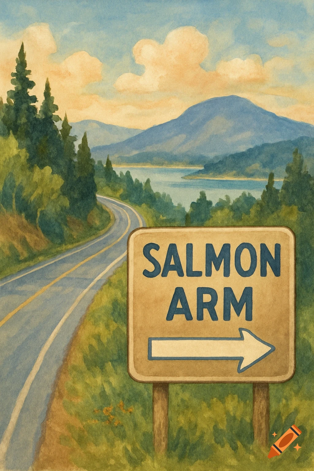 Watercolor painting of a road winding through a landscape with a sign pointing to Salmon Arm.
