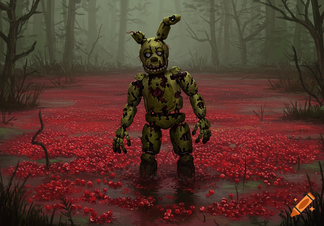 Springtrap stands in a dark forest bog filled with red spheres.