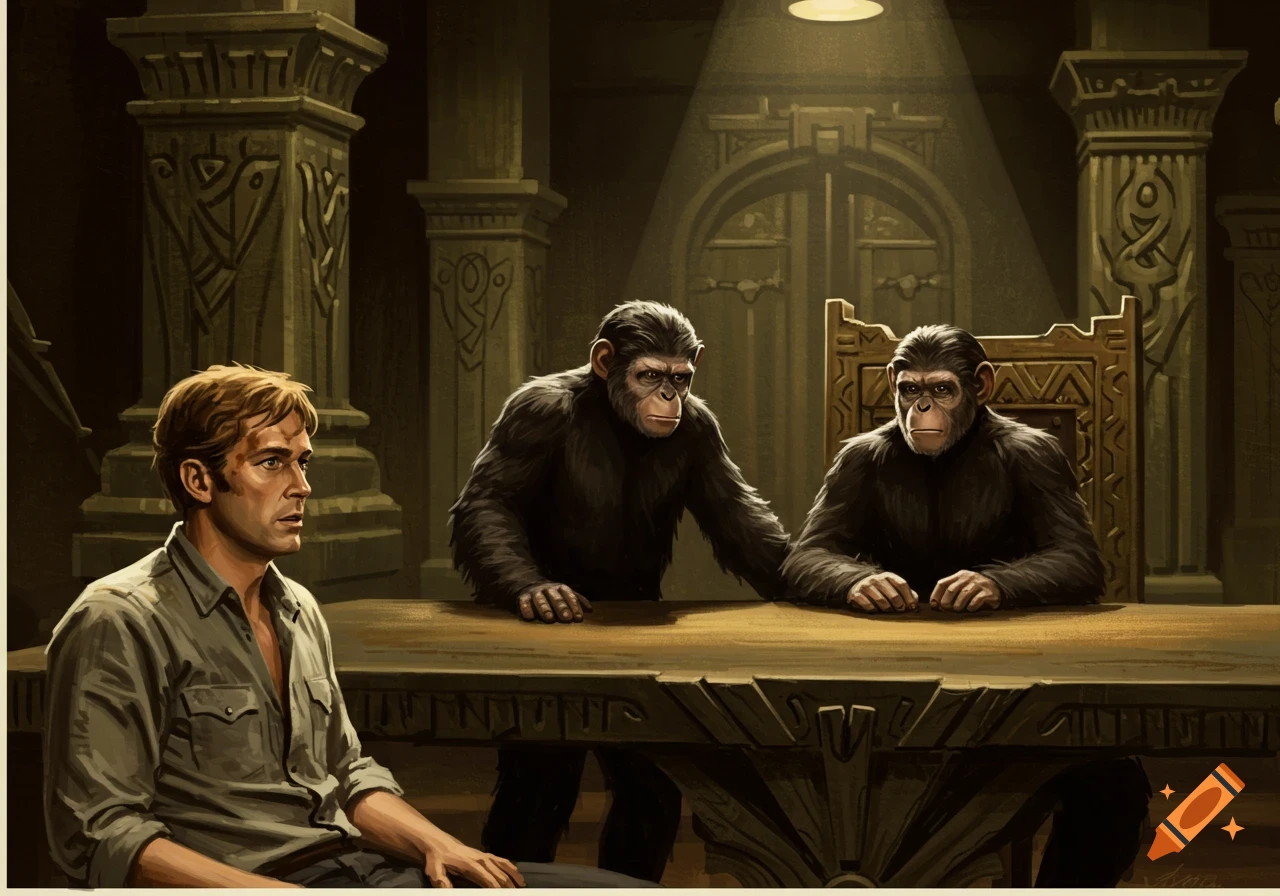A man sits at a table across from two apes in an illustration of a movie scene.