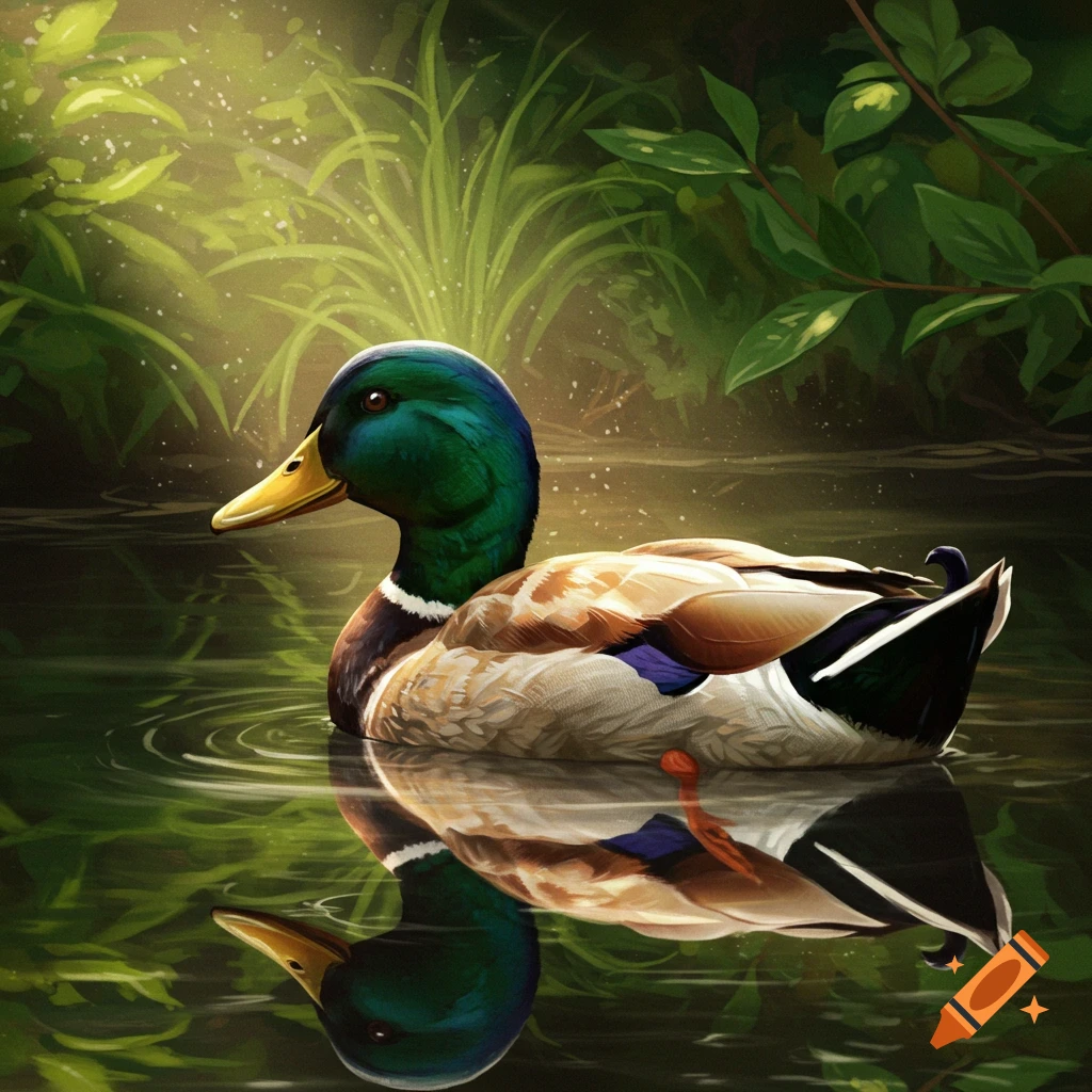 Mallard duck swims in pond reflected in water, surrounded by green marsh plants.