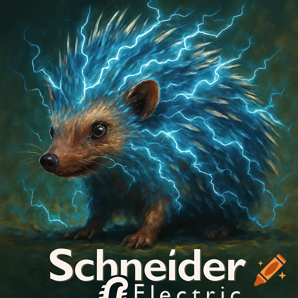 Stylized image of a hedgehog covered in blue lightning, with 'Schneider Electric' text below.