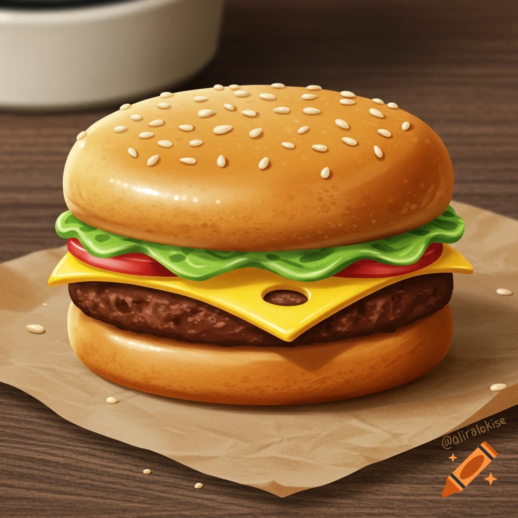 A stylized cheeseburger with sesame seeds, lettuce, tomato, and cheese on brown paper.