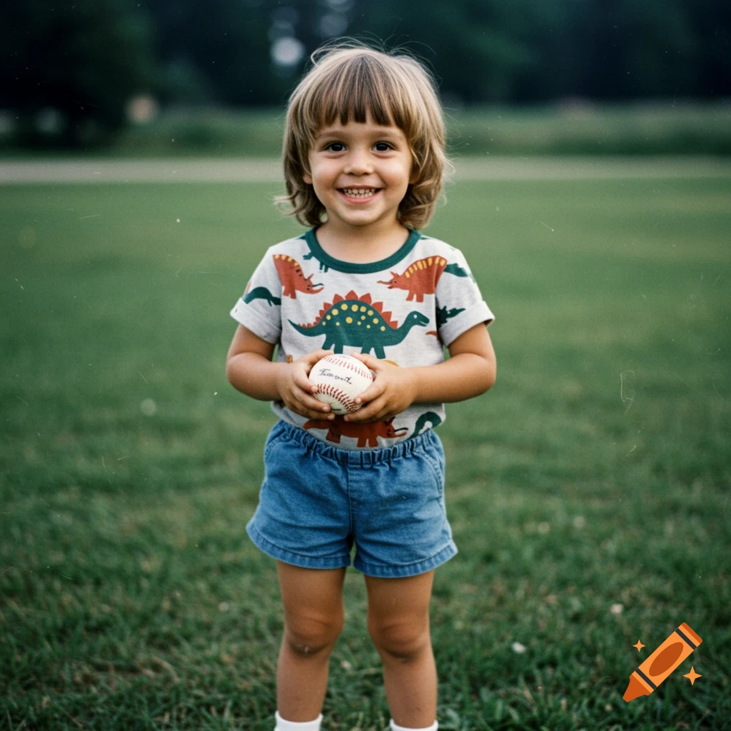 1980s photo of a young boy in a dinosaur shirt holding a baseball and smiling in a field.