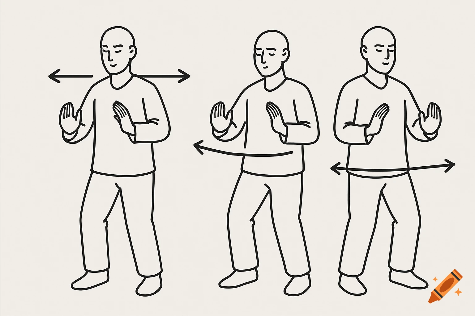 Line drawing diagram showing three stages of a standing meditation exercise with arrows