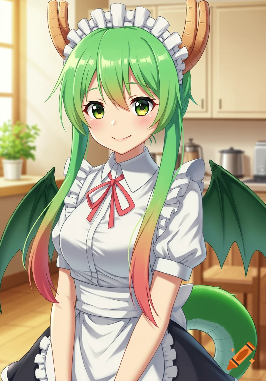 Anime character with green hair and horns wearing a maid outfit, smiling in a kitchen