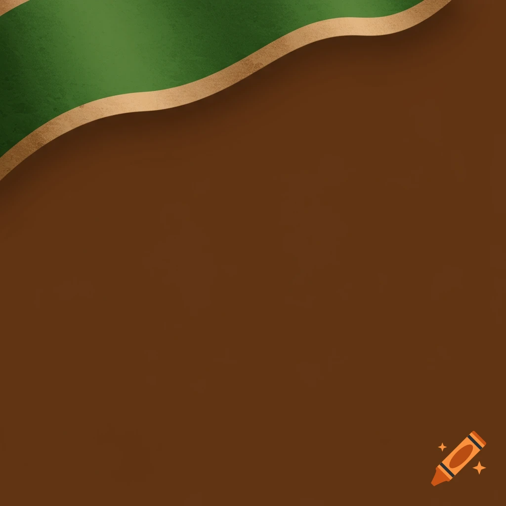 Brown background with a green and tan curved shape at the top.