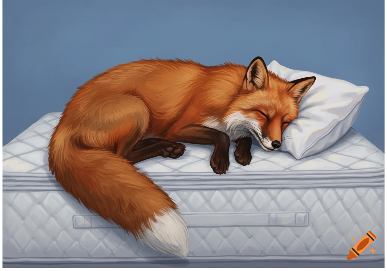An orange fox sleeps on a mattress with a pillow.
