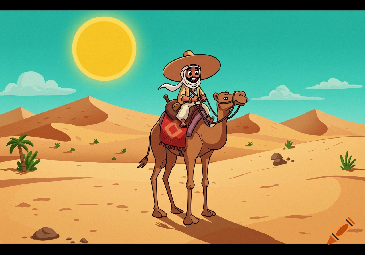 A cartoon man in a sombrero rides a camel across a sunny desert landscape.