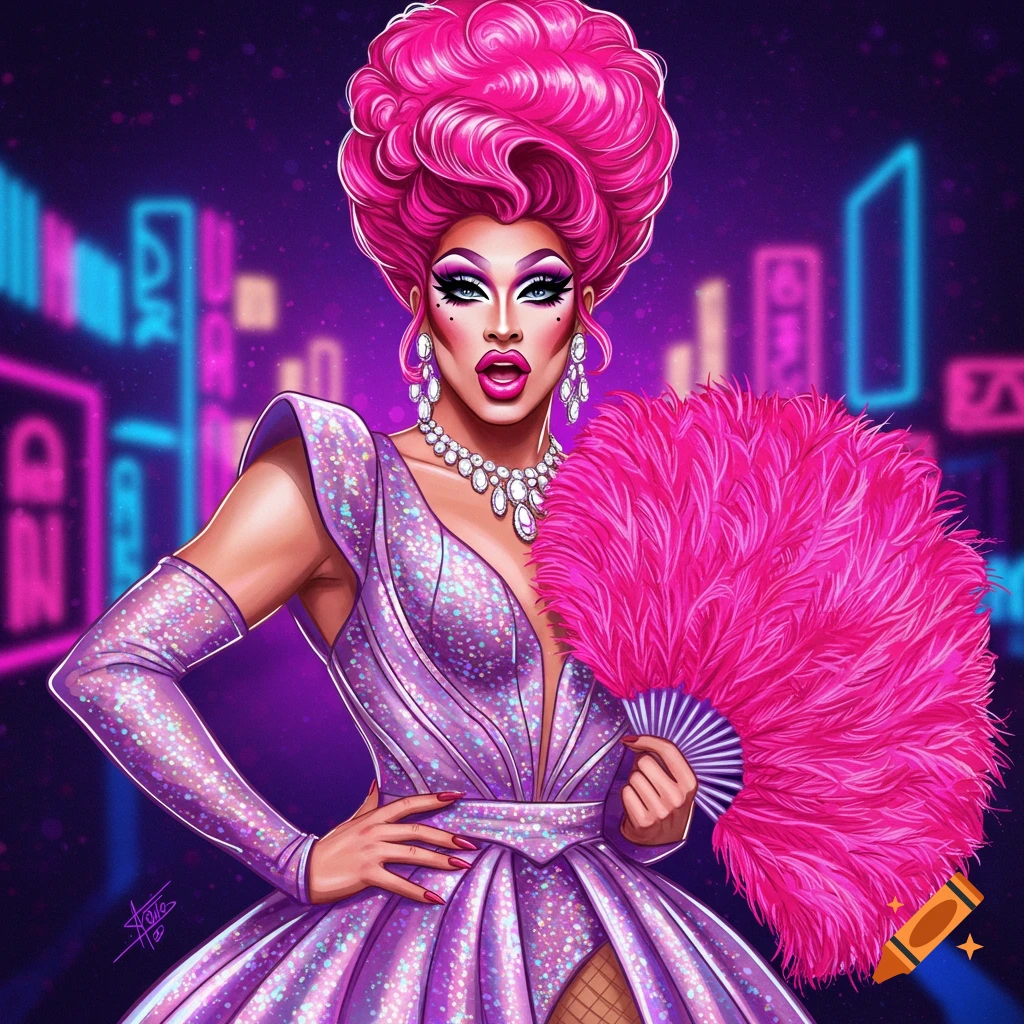 Illustration of a drag queen with pink hair, sparkly purple dress, and pink fan against a neon city background.
