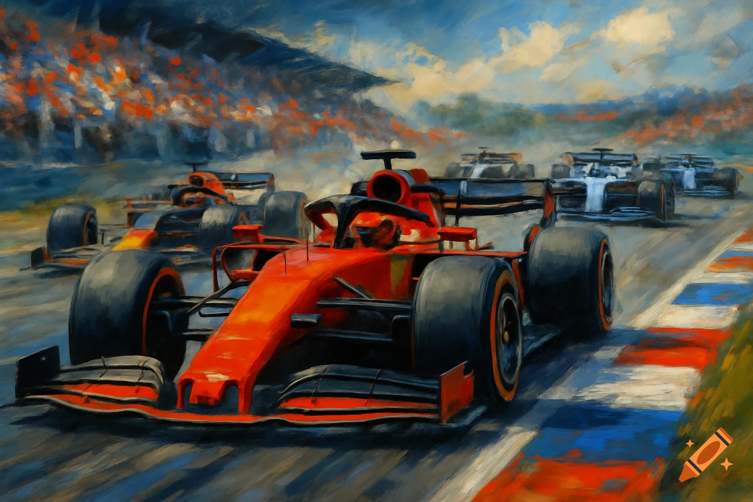 Formula 1 race cars race on a track in a painterly style