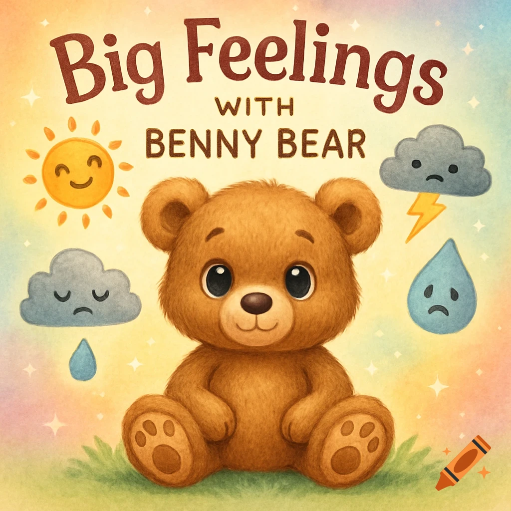 Watercolor illustration of a cute teddy bear sitting on grass surrounded by emotion icons, with text 'Big Feelings with Benny Bear'