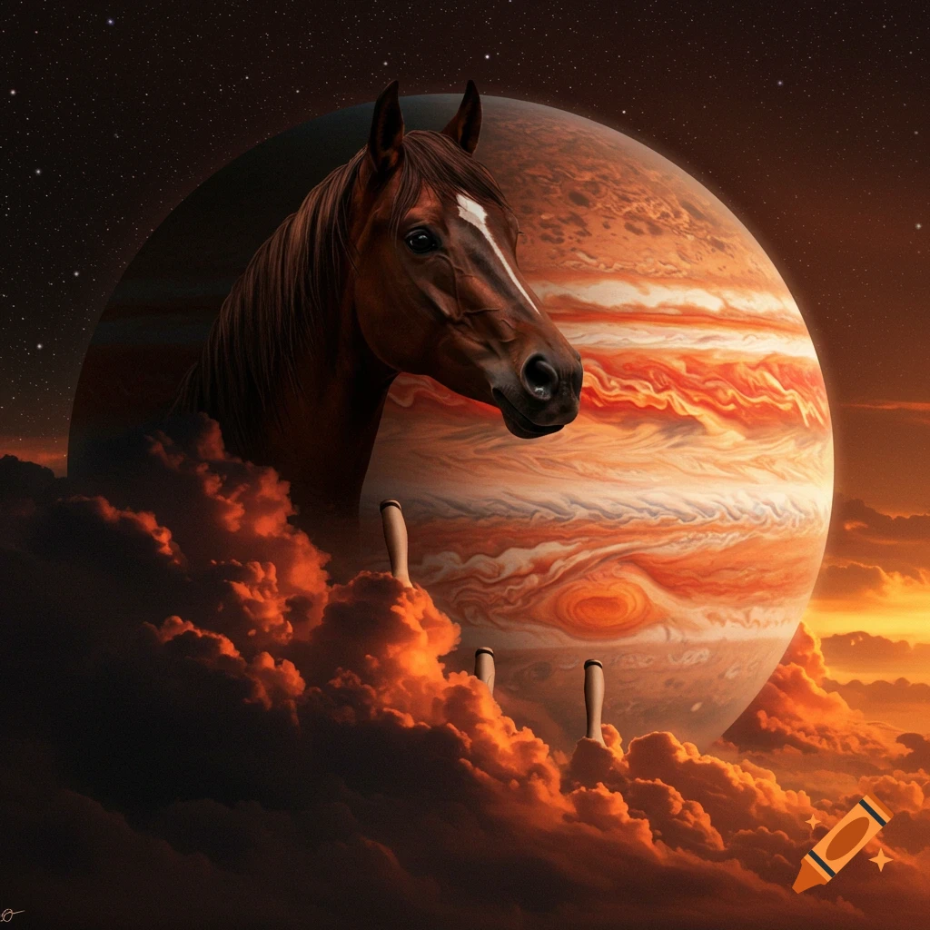 Horse head emerges from behind Jupiter in cloudy sunset sky with feet