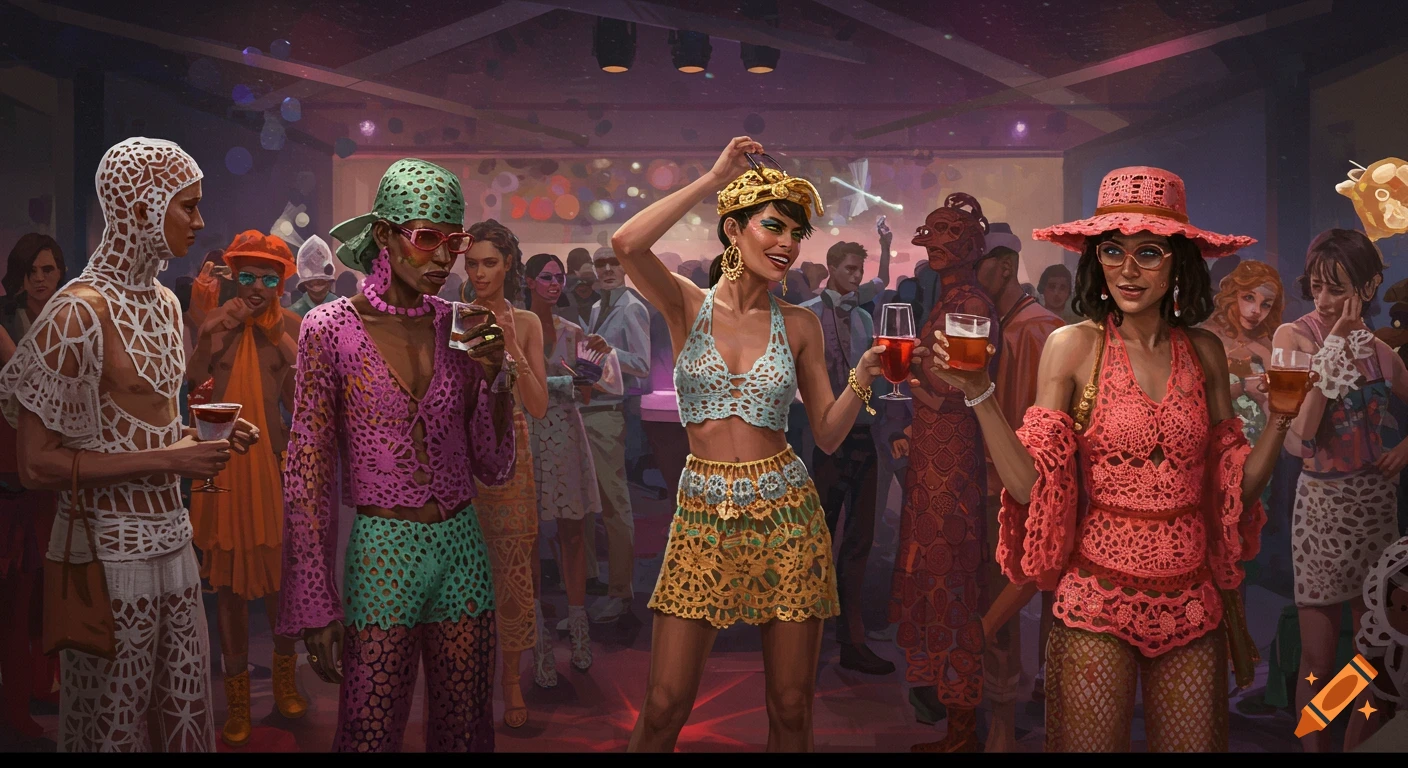 People in outrageous crochet outfits party together.
