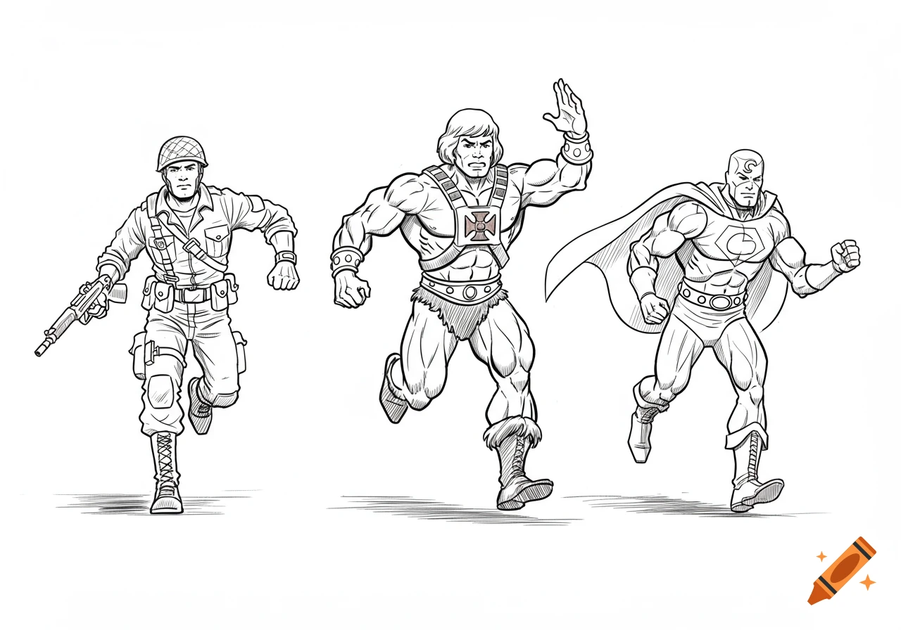 Line drawing of three running figures: a soldier, a barbarian, and a superhero.