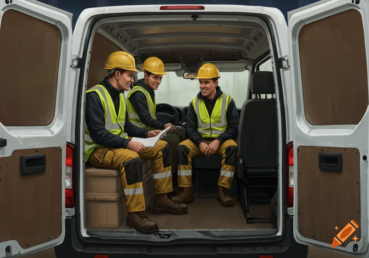 Three builders wearing hard hats and safety vests sit and talk in the back of a van. Illustration.