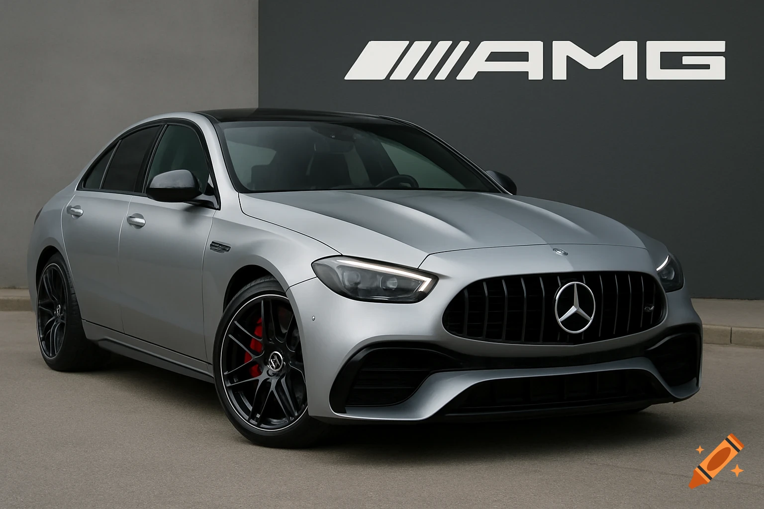 Silver Mercedes-AMG sedan parked in front of a wall with the AMG logo ...