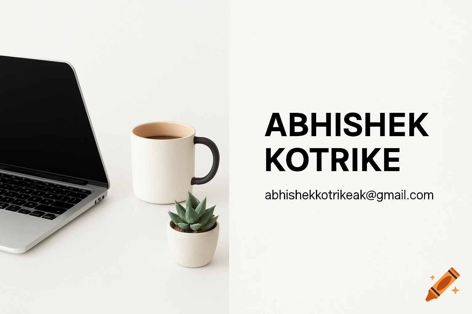 Minimalist workspace with laptop, coffee, plant, and contact text
