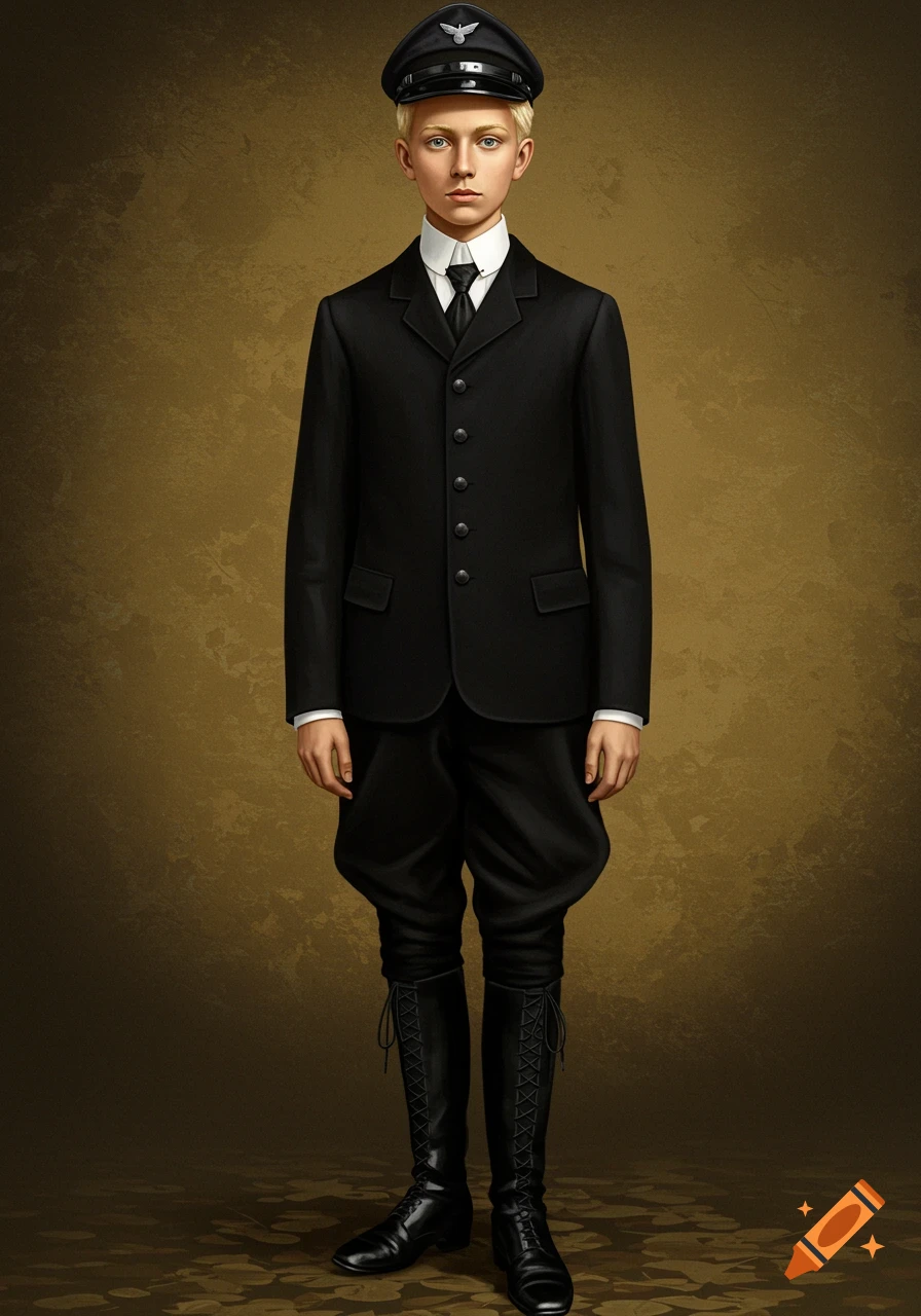 A young boy in a black uniform with a cap and boots stands against a textured background.