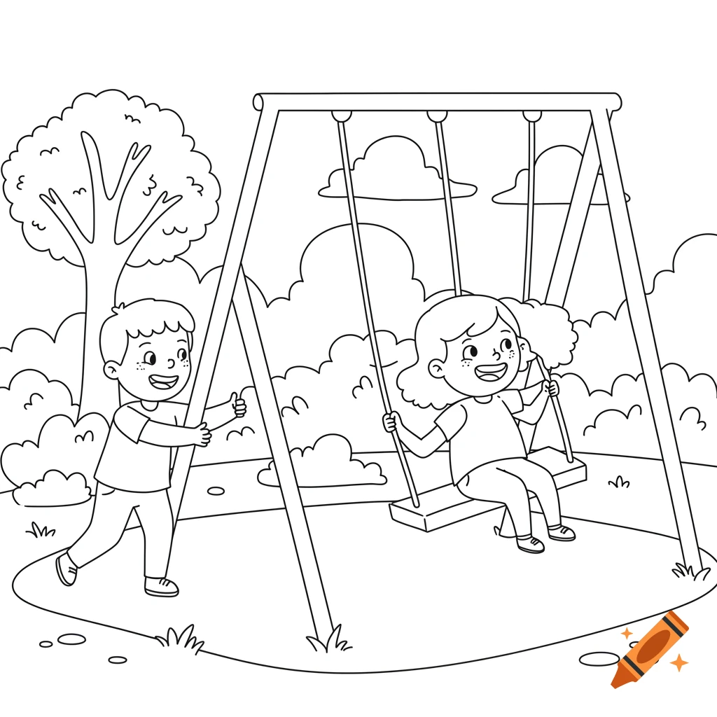 Black and white coloring page of a boy pushing a girl on a swing in a park.