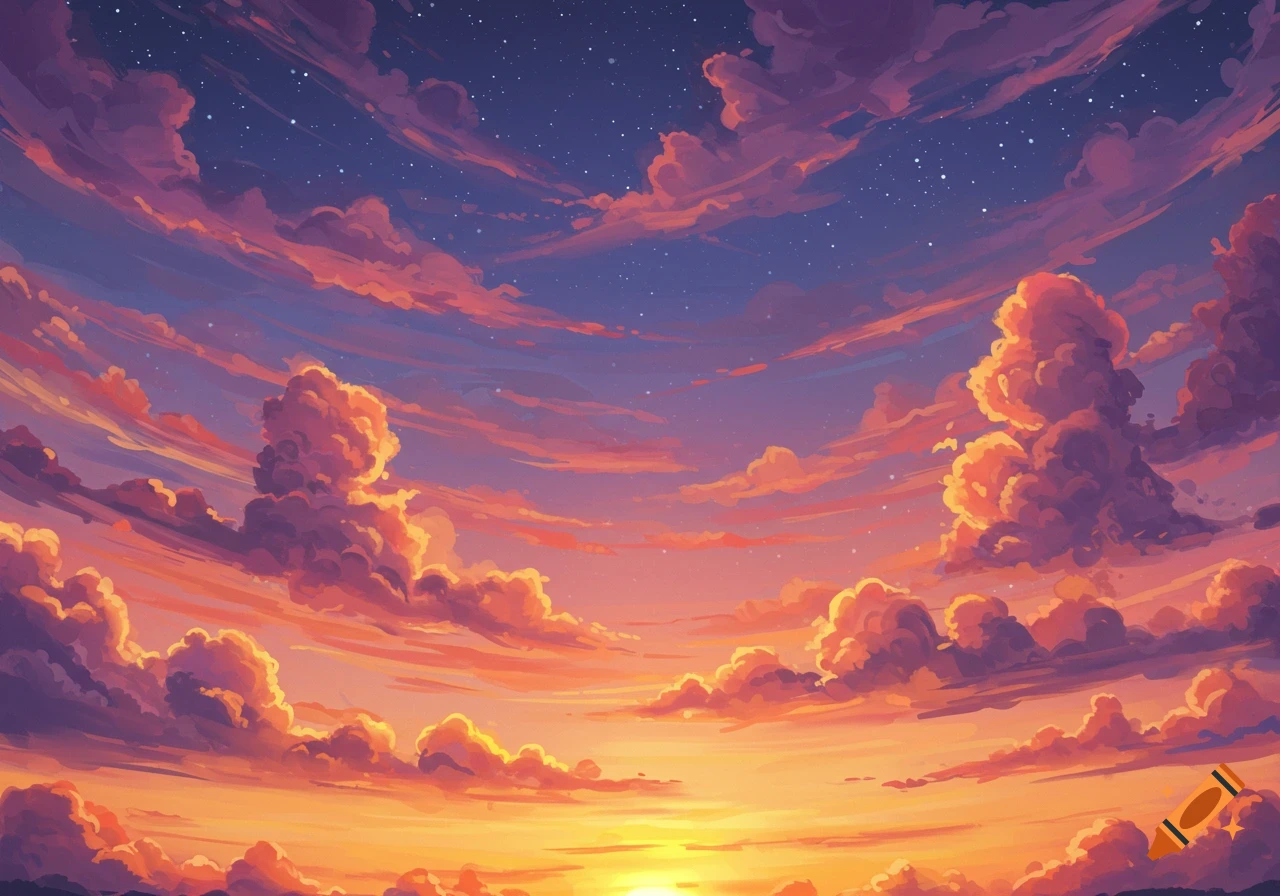 A vibrant anime-style sunset sky with dramatic clouds glowing orange and pink against a starry blue and purple sky.