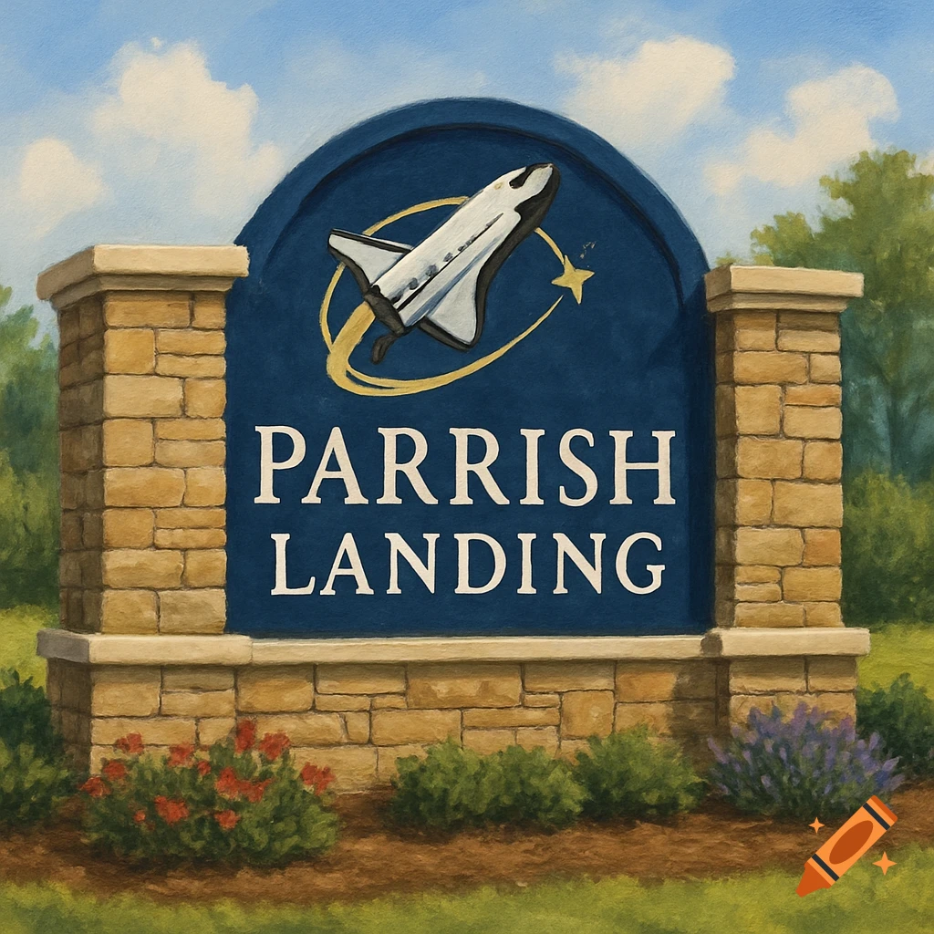 An illustrated monument sign for "Parrish Landing" featuring a space shuttle logo orbiting a star.