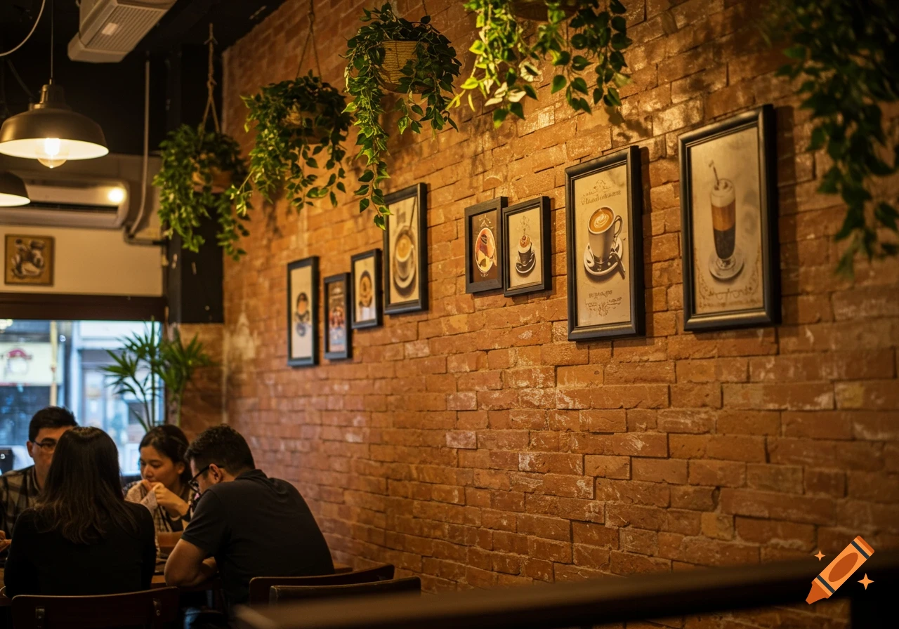 People sit at tables in a cafe with a brick wall, hanging plants, and framed pictures of coffee on the wall.