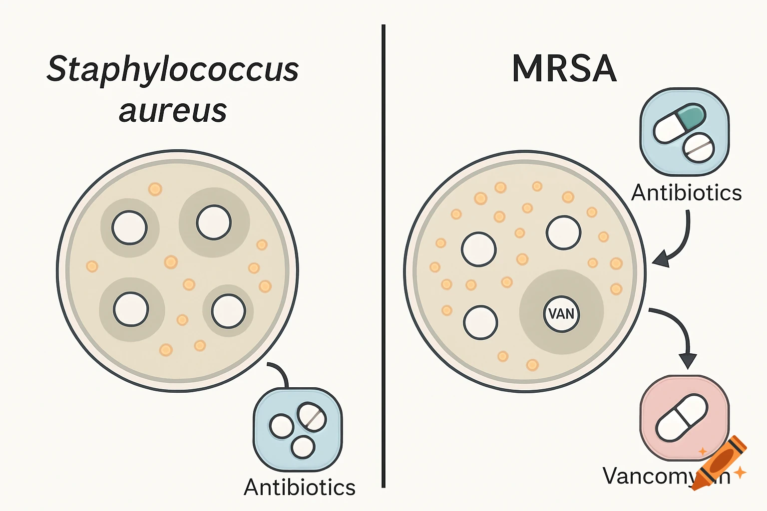 Diagram showing antibiotic resistance in Staphylococcus aureus vs MRSA with petri dishes and text labels.