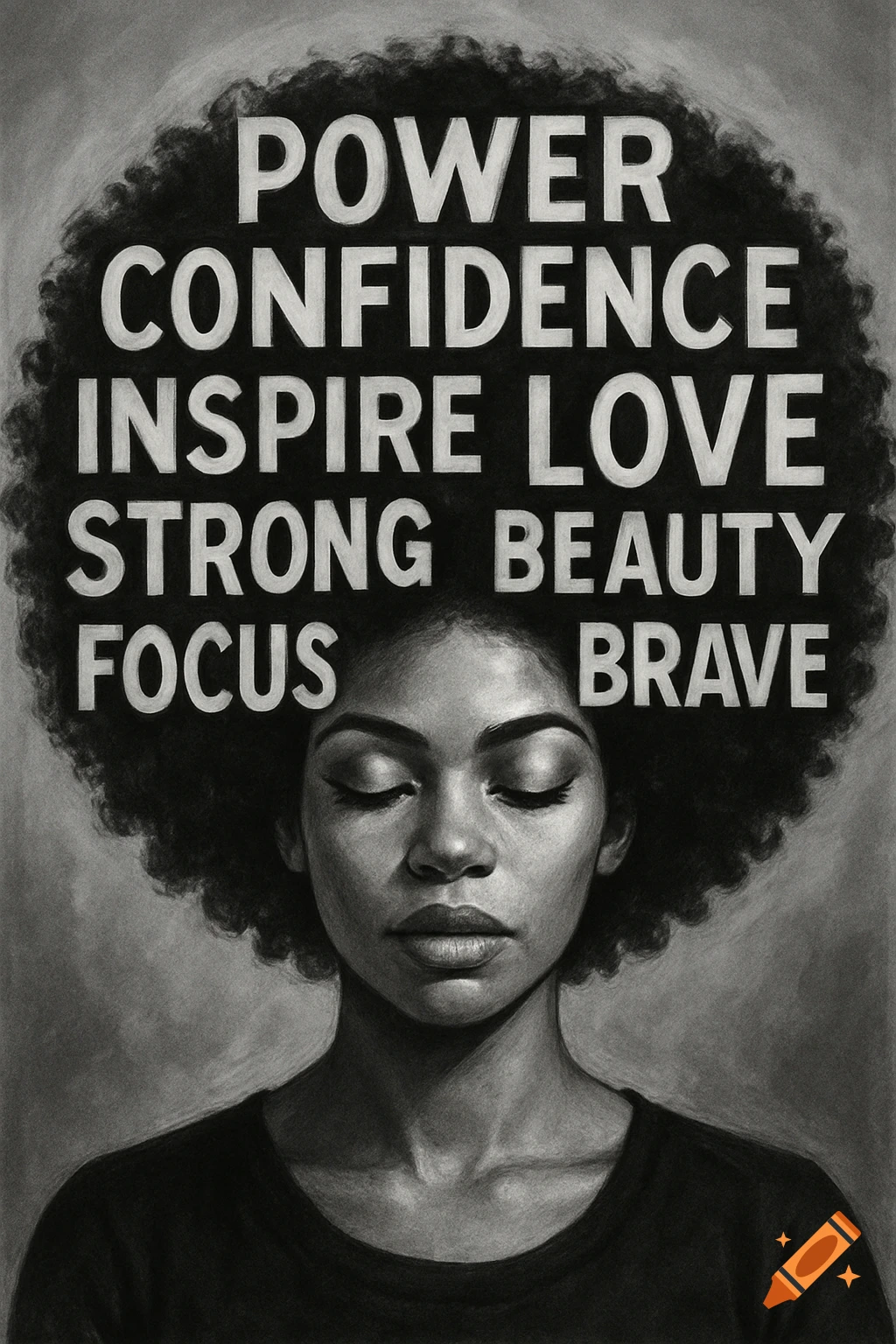 Black and white portrait of a woman with motivational words in her afro hair.