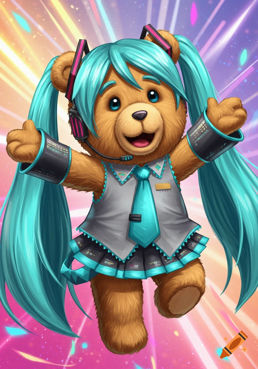 Cartoon teddy bear in Hatsune Miku costume jumping with a vibrant background.