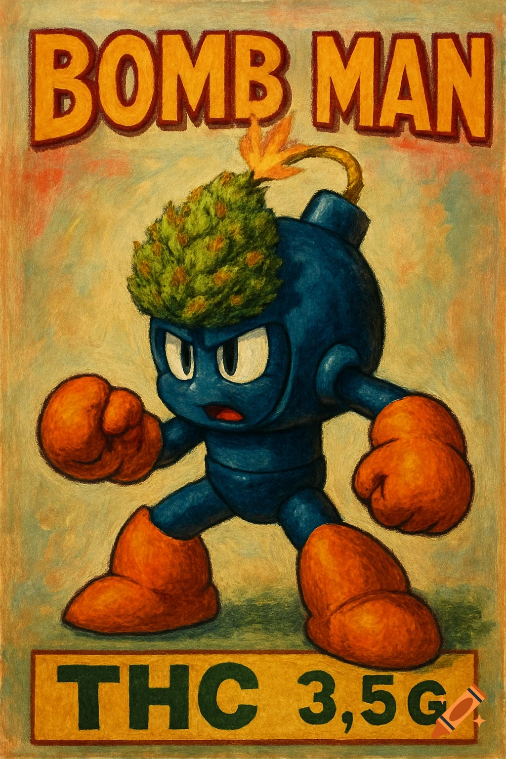 A blue robot character with a cannabis bud for hair and orange gloves/boots. Text 'BOMB MAN' above, 'THC 3,5G' below. Painted style.