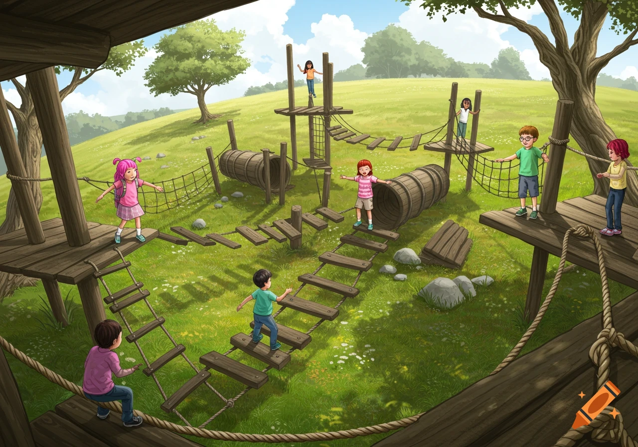Children play on a wooden playground with rope bridges and tunnels in a sunny field, illustration style.